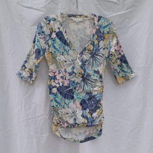 CAbi floral tropical surplice faux wrap v-neck top 3/4 sleeves